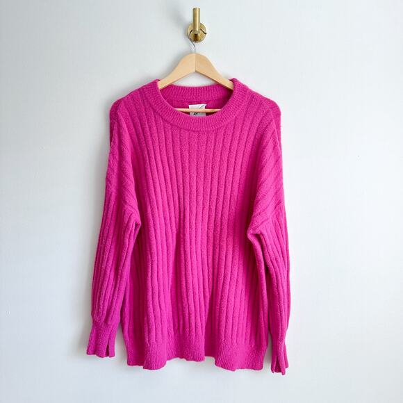 Aerie Soft Buttercream Cosmic Pink Oversized Crew Ribbed Knit Pullover Sweater - Picture 2 of 12